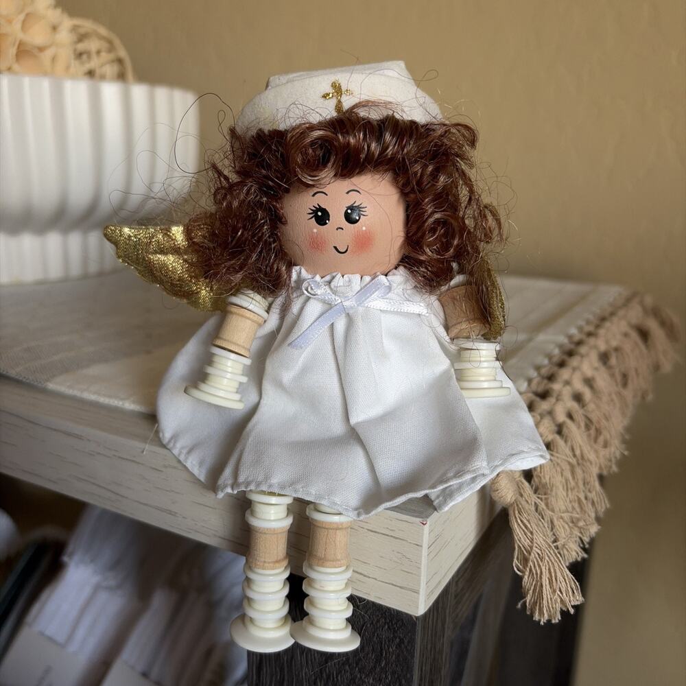 Handmade‎ Folk Art Angel Doll Vintage Wooden Head Spool Leg Cottagecore Ornament